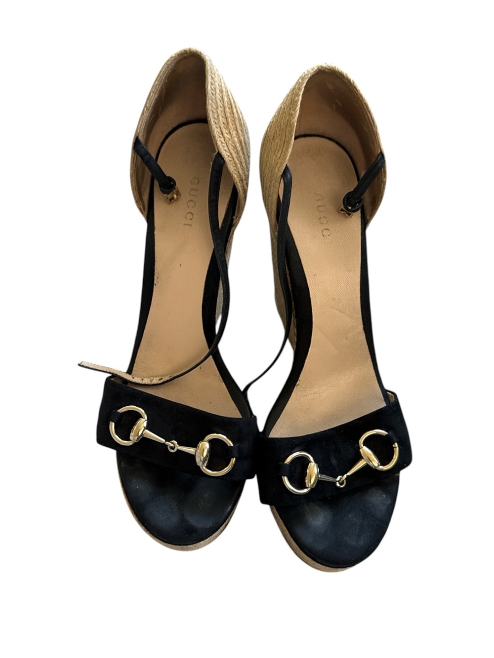 Gucci Black Suede Wedge Sandals with Gold Horsebit